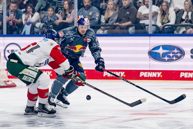 Battle for the Puck: Face-off between Alexander Blank of the Augsburger Panther, 26, and Ville Pokka of EHC Red Bull Munich, 22 (GER), EHC Red Bull Munich vs. Augsburger Panther, DEL, 2026–2027 season, Matchday 6, October 4, 2026 Photo: HMB Media, Heike Feiner Copyright: HMBxMedia HeikexFeiner