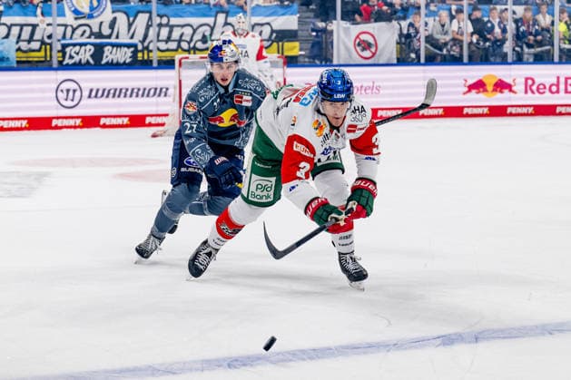 Battle for the Puck: Face-off between Veit Oswald of EHC Red Bull Munich, 27, and Alec McCrea of the Augsburger Panther, 03 GER; EHC Red Bull Munich vs. Augsburger Panther, DEL, 2026–2027 season, Matchday 6, October 4, 2026 Photo: HMB Media, Heike Feiner Copyright: HMBxMedia HeikexFeiner
