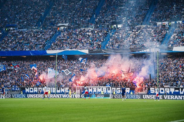 Friendly Match: Hamburger SV vs. FC Copenhagen, October 4, 2026—North Stand with Pyrotechnics—Soccer, Friendly Match: Hamburger SV vs. FC Copenhagen on October 4, 2026, at the Volksparkstadion, Hamburg. DFL regulations prohibit any use of photographs as image sequences and or quasi-video. Copyright: xBEAUTIFULxSPORTS Tonhäuserx
