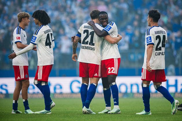 Friendly Match: Hamburger SV vs. FC Copenhagen, October 4, 2026 GOAL, CELEBRATION of the 2–0 goal by Nicolai Remberg (Hamburger SV, 21), here embraced by Kofi Amoako (Hamburger SV, 22). Soccer, friendly match between Hamburger SV and FC Copenhagen on October 4, 2026, at the Volksparkstadion, Hamburg. DFL regulations prohibit any use of photographs as image sequences and or quasi-video. Copyright: xBEAUTIFULxSPORTS Tonhäuserx