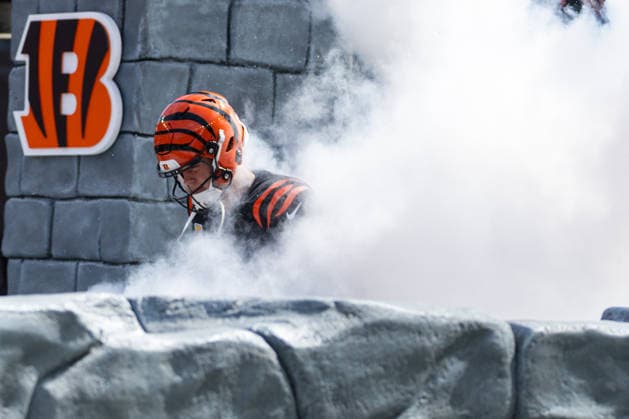 Oct 4, 2026; Cincinnati, OH, USA; Cincinnati Bengals quarterback Joe Burrow (9) during player introductions prior to NFL, American Football Herren, USA game action against the Jacksonville Jaguars at Paycor Stadium. Mandatory Credit: -Cal Media Cincinnati USA - ZUMAc04_ 20261004_zma_c04_018 Copyright: xJohnxMersitsx
