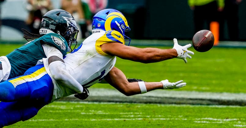 October 4, 2026, Philadelphia, Pa, USA: Oct 4, 2026; Philadelphia, PA, USA; Los Angeles Rams wide receiver Puka Nacua (12) dives to make a catch but misses. at Lincoln Financial Field. Mandatory Credit: -Cal Media Philadelphia USA - ZUMAcs17 20261004_faf_cs17_147 Copyright: xScottxSeriox