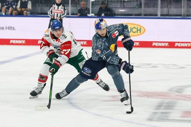 One-on-one, action, featuring Kyle Mayhew (27, Augsburger Panther) and Lucas Thaler (48, EHC Red Bull Munich), EHC Red Bull Munich vs. Augsburger Panther, Matchday 6, Ice Hockey, Penny DEL, Oct. 3, 2026, Munich, Bavaria, Germany Copyright: xkolbert-press ChristianxKolbertx