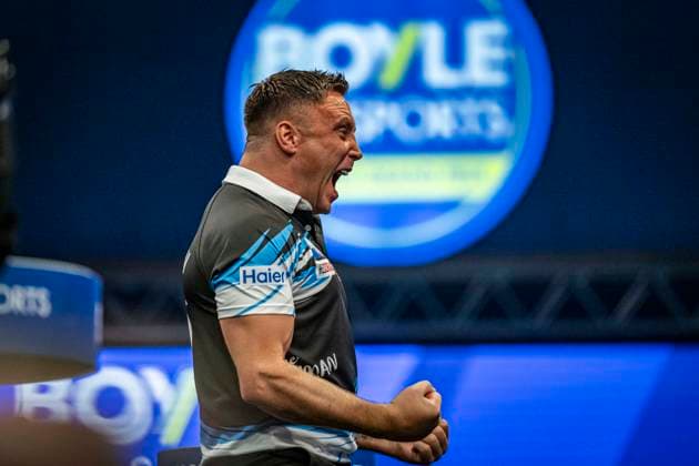 RECORD DATE NOT STATED 4th October 2026; Mattioli Arena, Leicester, England; PDC World Grand Prix Darts, World Grand Prix, Final Day; Gerwyn Price arrives on stage for his final match against Luke Humphries and roars for the fans GodfreyxPitt