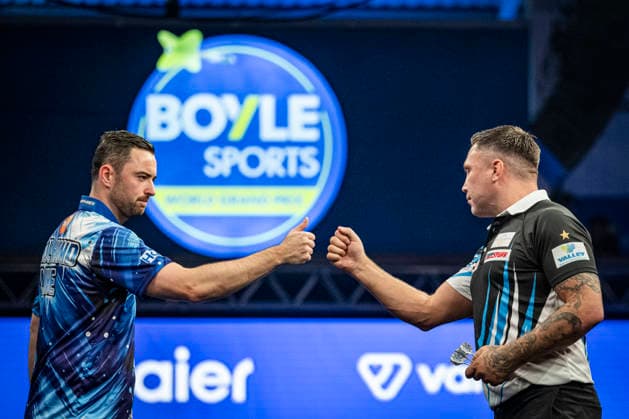 RECORD DATE NOT STATED 4th October 2026; Mattioli Arena, Leicester, England; PDC World Grand Prix Darts, World Grand Prix, Final Day; Gerwyn Price fist bumps his opponent Luke Humphries before their final match GodfreyxPitt