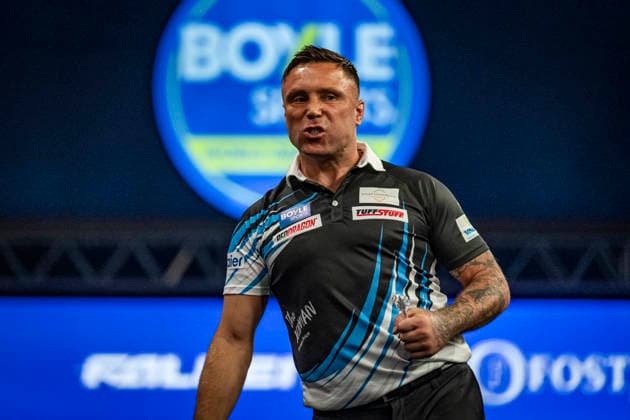 RECORD DATE NOT STATED 4th October 2026; Mattioli Arena, Leicester, England; PDC World Grand Prix Darts, World Grand Prix, Final Day; Gerwyn Price celebrates winning the first set in his final match against Luke Humphries GodfreyxPitt