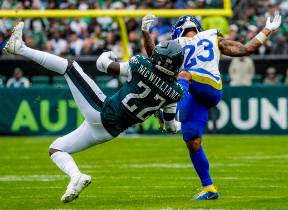 October 4, 2026, Philadelphia, Pa, USA: Oct 4, 2026; Philadelphia, PA, USA; Philadelphia Eagles cornerback Mac McWilliams (22) and Los Angeles Rams running back Kyren Williams (23) collide going for a loose ball during the Rams 24-20 wins against the Eagles at Lincoln Financial Field. Mandatory Credit: -Cal Media Philadelphia USA - ZUMAcs17 20261004_faf_cs17_178 Copyright: xScottxSeriox