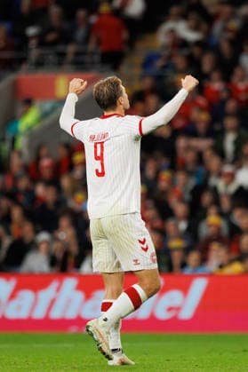 RECORD DATE NOT STATED 4th October 2026; Cardiff City Stadium, Cardiff, Wales; UEFA Nations League Football, Wales versus Denmark; Rasmus H& xf8;jlund of Denmark celebrates after his goal in the 75th minute AmandaxMcMaster