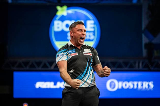 RECORD DATE NOT STATED 4th October 2026; Mattioli Arena, Leicester, England; PDC World Grand Prix Darts, World Grand Prix, Final Day; Gerwyn Price celebrates winning a set in his final match against Luke Humphries GodfreyxPitt