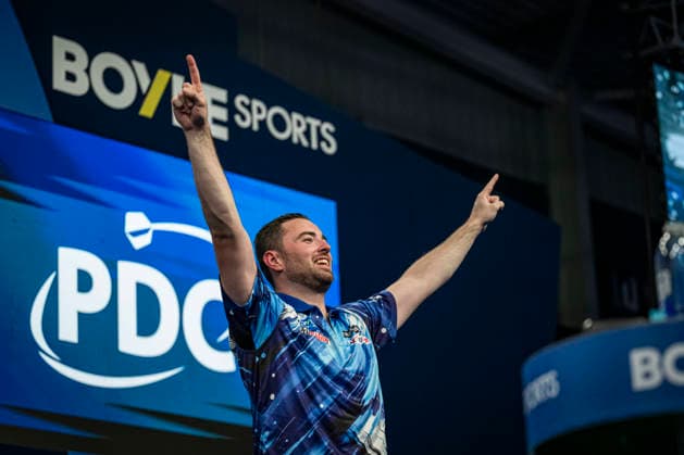 RECORD DATE NOT STATED 4th October 2026; Mattioli Arena, Leicester, England; PDC World Grand Prix Darts, World Grand Prix, Final Day; Luke Humphries celebrates winning the Boyle Sports World Grand Prix against Gerwyn Price GodfreyxPitt