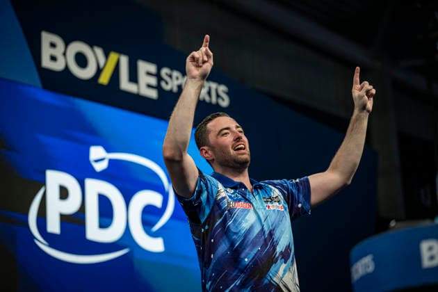 RECORD DATE NOT STATED 4th October 2026; Mattioli Arena, Leicester, England; PDC World Grand Prix Darts, World Grand Prix, Final Day; Luke Humphries celebrates winning the Boyle Sports World Grand Prix against Gerwyn Price GodfreyxPitt