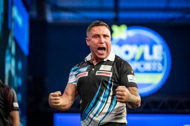 RECORD DATE NOT STATED 4th October 2026; Mattioli Arena, Leicester, England; PDC World Grand Prix Darts, World Grand Prix, Final Day; Gerwyn Price celebrates winning a set in his final match against Luke Humphries GodfreyxPitt