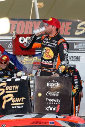 LAS VEGAS, CA - OCTOBER 04: Chase Briscoe ( 19 Joe Gibbs Racing Bass Pro Shops Toyota) celebrates in victory lane after winning the South Point 400 NASCAR, Motorsport, USA Cup Series Chase playoff race on October 4, 2026 at Las Vegas Motor Speedway in Las Vegas, NV. (Photo by Jeff Speer LVMS Icon Sportswire) AUTO: OCT 04 NASCAR Cup Series Playoffs South Point 400 EDITORIAL USE ONLY Icon26100423537