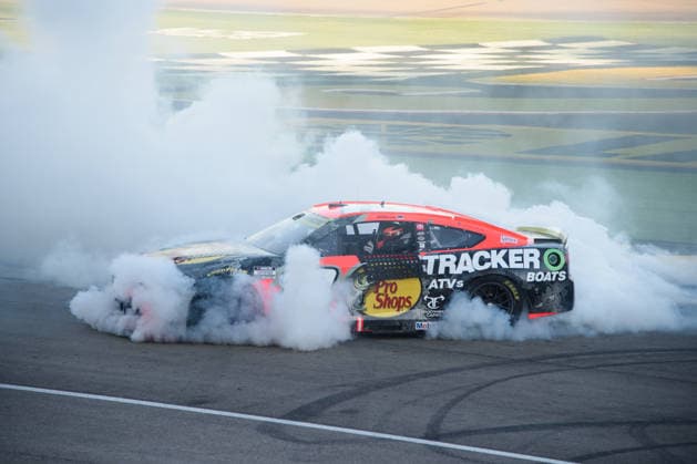 LAS VEGAS, NV - OCTOBER 04: Chase Briscoe ( 19 Joe Gibbs Racing Bass Pro Shops Toyota) celebrates winning the race with a burnout during the NASCAR, Motorsport, USA Cup Series Playoffs South Point 400 on October 04, 2026, at Las Vegas Motor Speedway in Las Vegas, NV. (Photo by Chris Williams LVMS Icon Sportswire) AUTO: OCT 04 NASCAR Cup Series Playoffs South Point 400 EDITORIAL USE ONLY Icon0072610041247