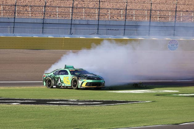 LAS VEGAS, CA - OCTOBER 04: Tyler Reddick ( 45 23XI Racing Jordan Brand Toyota) slides through the infield after spinning out during the South Point 400 NASCAR, Motorsport, USA Cup Series Chase playoff race on October 4, 2026 at Las Vegas Motor Speedway in Las Vegas, NV. (Photo by Marc Sanchez LVMS Icon Sportswire) AUTO: OCT 04 NASCAR Cup Series Playoffs South Point 400 EDITORIAL USE ONLY Icon14426100424490