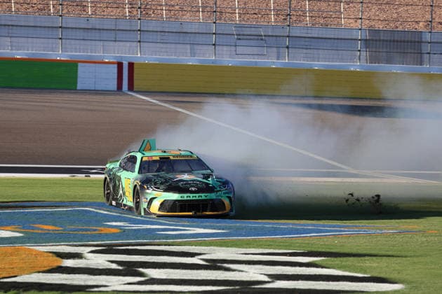 LAS VEGAS, CA - OCTOBER 04: Tyler Reddick ( 45 23XI Racing Jordan Brand Toyota) slides through the infield after spinning out during the South Point 400 NASCAR, Motorsport, USA Cup Series Chase playoff race on October 4, 2026 at Las Vegas Motor Speedway in Las Vegas, NV. (Photo by Marc Sanchez LVMS Icon Sportswire) AUTO: OCT 04 NASCAR Cup Series Playoffs South Point 400 EDITORIAL USE ONLY Icon14426100424503