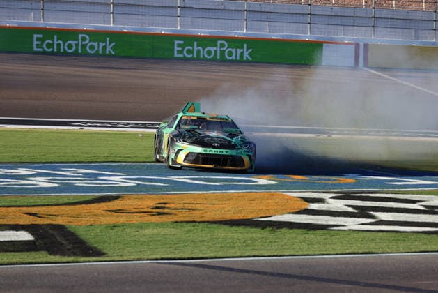 LAS VEGAS, CA - OCTOBER 04: Tyler Reddick ( 45 23XI Racing Jordan Brand Toyota) slides through the infield after spinning out during the South Point 400 NASCAR, Motorsport, USA Cup Series Chase playoff race on October 4, 2026 at Las Vegas Motor Speedway in Las Vegas, NV. (Photo by Marc Sanchez LVMS Icon Sportswire) AUTO: OCT 04 NASCAR Cup Series Playoffs South Point 400 EDITORIAL USE ONLY Icon14426100424506