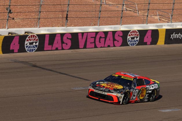 LAS VEGAS, CA - OCTOBER 04: Chase Briscoe ( 19 Joe Gibbs Racing Bass Pro Shops Toyota) leads the race during the South Point 400 NASCAR, Motorsport, USA Cup Series Chase playoff race on October 4, 2026 at Las Vegas Motor Speedway in Las Vegas, NV. (Photo by Marc Sanchez LVMS Icon Sportswire) AUTO: OCT 04 NASCAR Cup Series Playoffs South Point 400 EDITORIAL USE ONLY Icon14426100425721