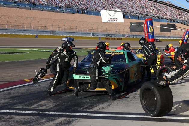 LAS VEGAS, CA - OCTOBER 04: Tyler Reddick ( 45 23XI Racing Jordan Brand Toyota) in for a pit stop during the South Point 400 NASCAR, Motorsport, USA Cup Series Chase playoff race on October 4, 2026 at Las Vegas Motor Speedway in Las Vegas, NV. (Photo by Marc Sanchez LVMS Icon Sportswire) AUTO: OCT 04 NASCAR Cup Series Playoffs South Point 400 EDITORIAL USE ONLY Icon14426100425810