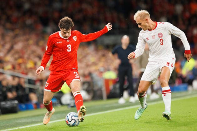 RECORD DATE NOT STATED 4th October 2026; Cardiff City Stadium, Cardiff, Wales; UEFA Nations League Football, Wales versus Denmark; Neco Williams of Wales takes on Gustav Isaksen of Denmark AmandaxMcMaster