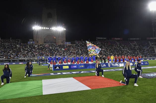 Italy v Turkiye - UEFA Nations League ?????? BOLOGNA, ITALY, OCTOBER 05: Italy and Turkiye teams line up before the start of the UEFA Nations League Group A1 League phase football match between Italy and Turkiye at the Renato Dall’Ara stadium in Bologna, Italy, on October 05, 2026. Isabella Bonotto Anadolu Bologna Italy. Editorial use only. Please get in touch for any other usage. Copyright: x2026xAnadoluxIsabellaxBonottox