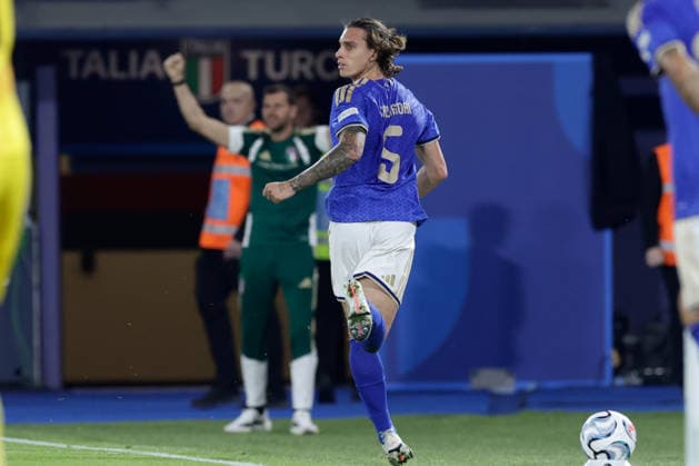 UEFA Nations League football match Italy vs Turkey Riccardo Calafiori of Italy celebrates after scoring a goal of 2-1 UEFA Nations League football match (League A, Group A1) between Italy vs Turkey at the Renato Dall Ara stadium in Bologna on October 05, 2026. _BPH4453 Copyright: xAntonioxBalascox