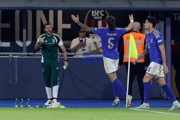 UEFA Nations League football match Italy vs Turkey Riccardo Calafiori of Italy celebrates after scoring a goal of 2-1 UEFA Nations League football match (League A, Group A1) between Italy vs Turkey at the Renato Dall Ara stadium in Bologna on October 05, 2026. _BPH4464 Copyright: xAntonioxBalascox