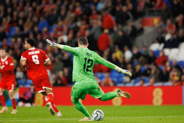 RECORD DATE NOT STATED 4th October 2026; Cardiff City Stadium, Cardiff, Wales; UEFA Nations League Football, Wales versus Denmark; Danny Ward of Wales restarts play after offsides call AmandaxMcMaster