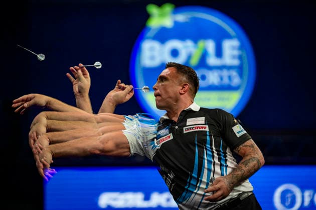 RECORD DATE NOT STATED 4th October 2026; Mattioli Arena, Leicester, England; PDC World Grand Prix Darts, World Grand Prix, Final Day; Multiple exposure of Gerwyn Price in action on the oche his final match against Luke Humphries GodfreyxPitt