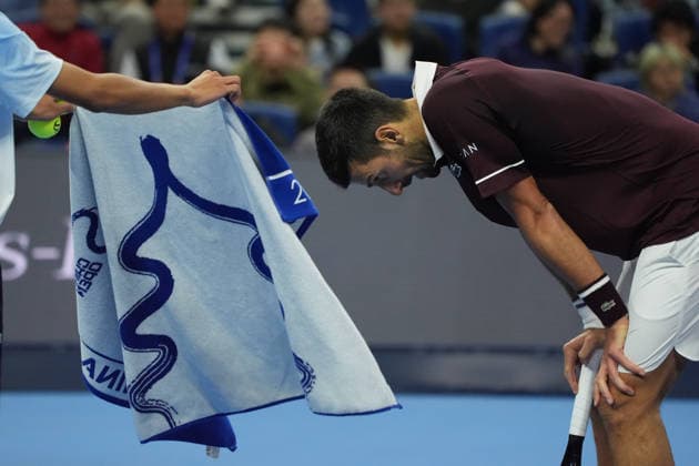 (261006) -- BEIJING, Oct. 6, 2026 -- Novak Djokovic reacts during the men s singles semifinal match between Daniil Medvedev of Russia and Novak Djokovic of Serbia at 2026 China Open tennis tournament in Beijing, China, Oct. 5, 2026. ) (SP)CHINA-BEIJING-TENNIS-CHINA OPEN-MEN S SINGLES(CN) XiexHan