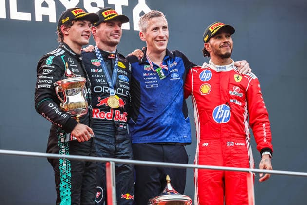 SEPANG, SGR - OCTOBER 04: Kimi Antonelli of Italy and Mercedes-AMG PETRONAS F1 Team, Max Verstappen of Netherlands and Oracle Red Bull Racing, William Goulbourne, Red Bull Racing s Chief of Power Unit Application and Lewis Hamilton of Great Britain and Scuderia Ferrari HP poses for photos following the conclusion of the Formula 1 Gulf Air Bahrain Grand Prix on October 04, 2026 held at Sepang International Circuit in Sepang, Malaysia. (Photo by Hazrin Yeob Men Shah Icon Sportswire) AUTO: OCT 04 F1 Bahrain Grand Prix in Malaysia EDITORIAL USE ONLY Icon37826100412635