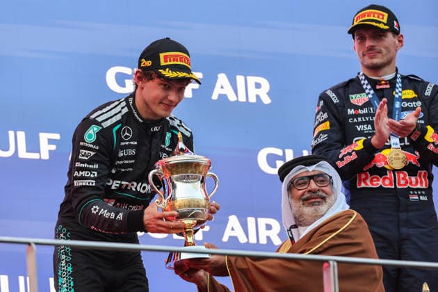 SEPANG, SGR - OCTOBER 04: Kimi Antonelli of Italy and Mercedes-AMG PETRONAS F1 Team celebrate on podium following the conclusion of the Formula 1 Gulf Air Bahrain Grand Prix on October 04, 2026 held at Sepang International Circuit in Sepang, Malaysia. (Photo by Hazrin Yeob Men Shah Icon Sportswire) AUTO: OCT 04 F1 Bahrain Grand Prix in Malaysia EDITORIAL USE ONLY Icon37826100412032