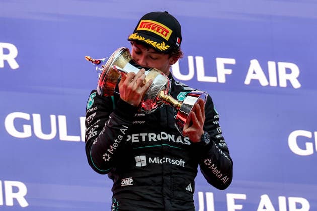 SEPANG, SGR - OCTOBER 04: Kimi Antonelli of Italy and Mercedes-AMG PETRONAS F1 Team celebrate on podium following the conclusion of the Formula 1 Gulf Air Bahrain Grand Prix on October 04, 2026 held at Sepang International Circuit in Sepang, Malaysia. (Photo by Hazrin Yeob Men Shah Icon Sportswire) AUTO: OCT 04 F1 Bahrain Grand Prix in Malaysia EDITORIAL USE ONLY Icon37826100412146