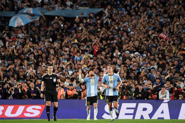 BUENOS AIRES, ARGENTINA 6 OCTOBER: Lionel Messi of the Argentina national team, Nationalteam celebrates the goal he has just scored from the penalty spot, whilst his team-mate Nicolas Paz looks on, during a friendly match between Argentina and Benin at the Estadio Monumental Antonio V. Liberti on 6 October 2026 in Buenos Aires, Argentina. Copyright: xMBxMediax
