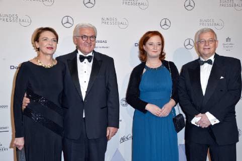 German President Frank Walter Steinmeier with wife Elke Buedenbender and Sonja Mayntz with husband Dr Gregor Mayntz Federal Press Ball 2018 at Hotel Adlon in Berlin on 23 11 2018