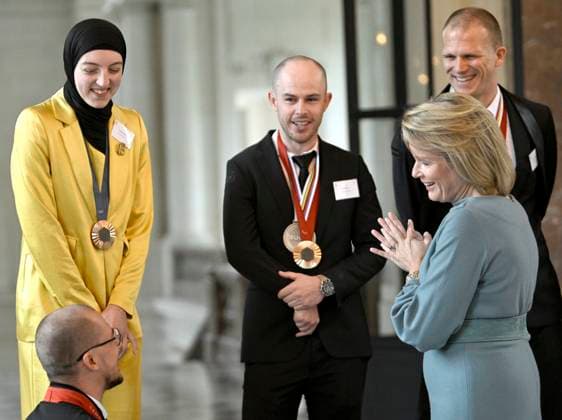 King Philippe and Queen Mathilde receive the Belgian athletes of 2024 BRUSSELS, BELGIUM - NOVEMBER 07 : Tim Celen (cycling) & Sarah Chaâri Taekwondo). King Philippe and Queen Mathilde receive the Belgian athletes who have particularly distinguished themselves in 2024 (Paris Olympic and Paralympic Games, European or world championship in an Olympic or Paralympic discipline) on November 7, 2024 in Brussels, Belgium, 07 11 2024 Brussels Belgium  Copyright: xDidierxLebrunx