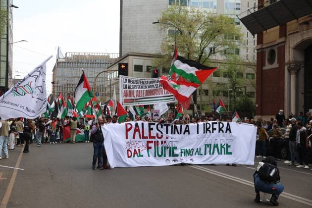 Pro-Palestinian demonstrators march in Italy MILAN, ITALY - APRIL 12: Thousands of demonstrators march at the square while holding Palestinian flags, as they chant for stopping the genocide in Gaza , no displacement of Palestinians and immediate permanent ceasefire , on April 12, 2025 in Milan, Italy. Lombardia Italy. Editorial use only. Please get in touch for any other usage. Copyright: x2025xAnadoluxMichelexNovagax