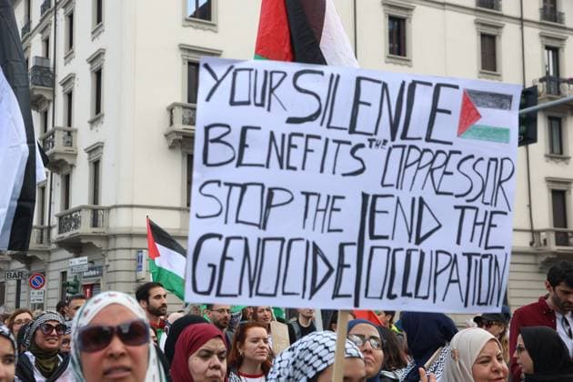 Pro-Palestinian demonstrators march in Italy MILAN, ITALY - APRIL 12: Thousands of demonstrators march at the square while holding Palestinian flags, as they chant for stopping the genocide in Gaza , no displacement of Palestinians and immediate permanent ceasefire , on April 12, 2025 in Milan, Italy. Lombardia Italy. Editorial use only. Please get in touch for any other usage. Copyright: x2025xAnadoluxMichelexNovagax