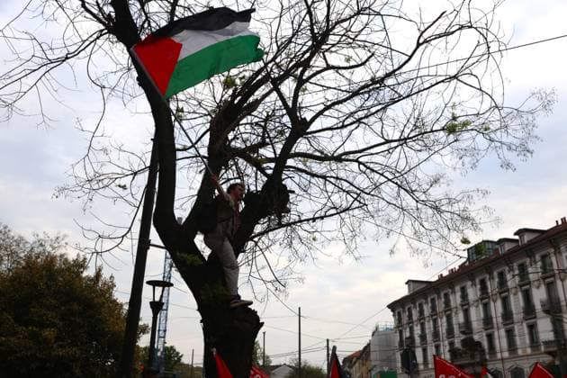 Pro-Palestinian demonstrators march in Italy MILAN, ITALY - APRIL 12: Thousands of demonstrators march at the square while holding Palestinian flags, as they chant for stopping the genocide in Gaza , no displacement of Palestinians and immediate permanent ceasefire , on April 12, 2025 in Milan, Italy. Lombardia Italy. Editorial use only. Please get in touch for any other usage. Copyright: x2025xAnadoluxMichelexNovagax