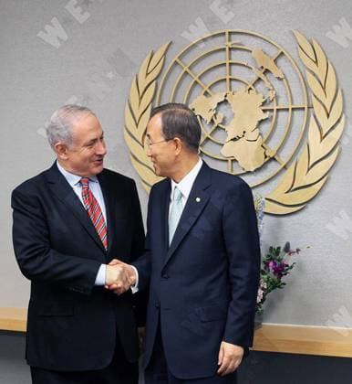 Israeli Prime Minister Benjamin Netanyahu meets with U.N. Secretary-General Ban Ki-moon to discuss issues including Israeli-Palestinian peace-making efforts., New York City, United States WENN 5511020