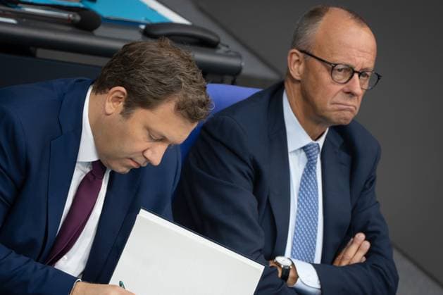 Federal Chancellor Friedrich Merz on the right with his Finance Minister and Vice Chancellor Lars Klingbeil on the government bench in the German Bundestag Session day 23 09 2025 in the German Bundestag , Berlin Berlin Germany Reichstag building