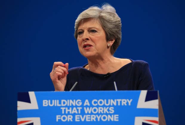 British Conservative Party Annual Conference 2017 MANCHESTER, UNITED KINGDOM - OCTOBER 04: British Prime Minister and leader of the Conservative Party Theresa May MP speaks during her keynote speech on the final day of the annual Conservative Party Conference in Manchester, north west England on October 04, 2017. Manchester Ingiltere. Editorial use only. Please get in touch for any other usage.  Copyright: x2025xAnadoluxLindseyxParnabyx