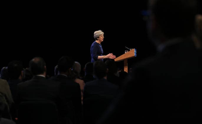 British Conservative Party Annual Conference 2017 MANCHESTER, UNITED KINGDOM - OCTOBER 04: British Prime Minister and leader of the Conservative Party Theresa May MP speaks during her keynote speech on the final day of the annual Conservative Party Conference in Manchester, north west England on October 04, 2017. Manchester Ingiltere. Editorial use only. Please get in touch for any other usage.  Copyright: x2025xAnadoluxLindseyxParnabyx