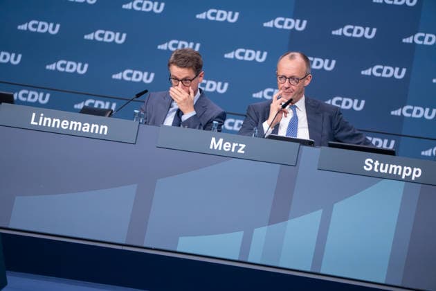 Federal Chancellor Friedrich Merz on the right with his Secretary General Carsten Linnemann on the stage of the Federal Party Congress 38 Party Congress of the CDU Germany in Stuttgart, February 2026, Stuttgart Baden Württemberg Germany Trade fair