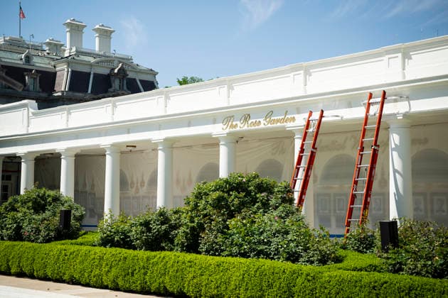 DC: President Trump Departs the White House Ladders and plastic sheeting in the White House Rose Garden amid ongoing construction, in Washington, D.C., on Thursday, April 16, 2026. President Trump is traveling to Las Vegas, Nevada for an event highlighting Republican tax policies after the April 15 tax deadline. Credit: CNP AdMedia Washington District of Columbia United States of America EDITORIAL USE ONLY Copyright: xx CNPx xAdMediax admphotostwo982573