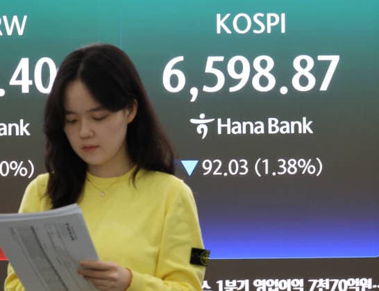 KOSPI falls KOSPI falls A financial data screen in the dealing room of Hana Bank in Seoul on April 30, 2026, shows the benchmark Korea Composite Stock Price Index having fallen 92.03 points, or 1.38 percent, to close at 6,598.87. Seoul stocks closed lower after touching a fresh all-time high, as investors cashed in gains amid a sharp rise in international oil prices. (Yonhap) 2026-04-30 16:04:08 < 1980-2026 YONHAPNEWS AGENCY. .> ¼¿ïƯº°½Ã EDITORIAL USE ONLY Copyright: xx PYH2026043016420031500 YonhapxNewsx yonphotos251917