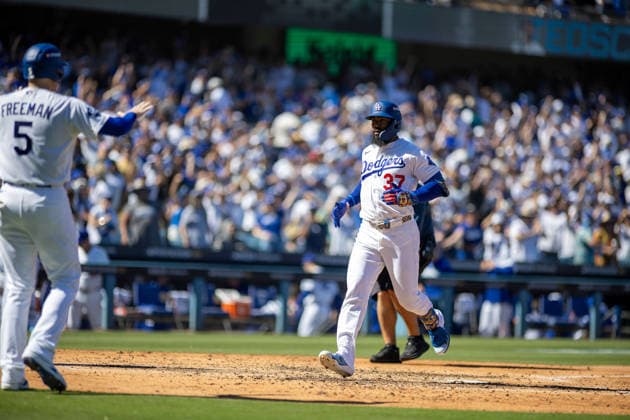 October 3, 2026, Los Angeles, California, USA: Teoscar HernoÂ¡ndez 37 of the Los Angeles Dodgers reacts after hitting a 2-run home run during the fourth inning against the Atlanta Braves in game one of the National League Division Series at Dodger Stadium on October 03, 2026 in Los Angeles, California. Los Angeles Dodgers won the game 5-3. . Los Angeles USA - ZUMAa60_ 20261003_zaf_a60_027 Copyright: xArmandoxArorizox