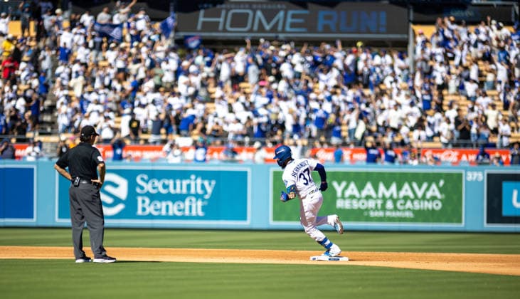 October 3, 2026, Los Angeles, California, USA: Teoscar HernoÂ¡ndez 37 of the Los Angeles Dodgers reacts after hitting a 2-run home run during the fourth inning against the Atlanta Braves in game one of the National League Division Series at Dodger Stadium on October 03, 2026 in Los Angeles, California. Los Angeles Dodgers won the game 5-3. . Los Angeles USA - ZUMAa60_ 20261003_zaf_a60_038 Copyright: xArmandoxArorizox