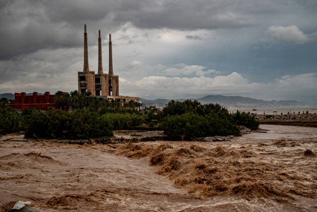 October 4, 2026, Sant Adria Del Besos, Barcelona, Spain: The mouth of the Besos River, north of Barcelona, is swollen and laden with sediment after a night of torrential rain across Catalonia. The storm brought exceptional rainfall to the Barcelona metropolitan area, with more than 200 litres per square metre recorded in parts of the region. The Besos rose sharply overnight, prompting authorities to warn of an imminent risk of flooding. Sant Adria Del Besos Spain  - ZUMAb137 20261004_fap_b137_007 Copyright: xJordixBoixareux