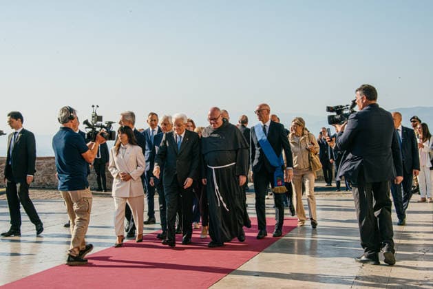 IPA89293583 - ASSISI October 4, 2026 Basilica of St. Francis celebration of the feast day of St. Francis, patron saint of Italy, attended by President of the Republic Sergio Mattarella. Upon his arrival in the churchyard of the basilica, he was greeted by Father Marco Moroni, the Custodian. Copyright: xemanuelaxbianconix xx IPA89293583